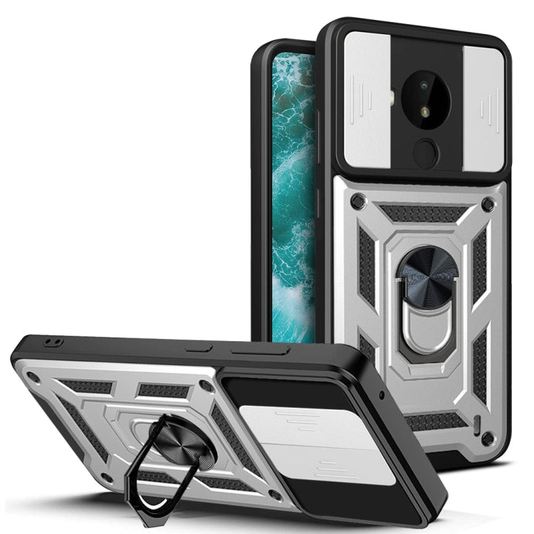 Rugged phone case with sliding camera cover, TPU/PC, black, metal ring kickstand