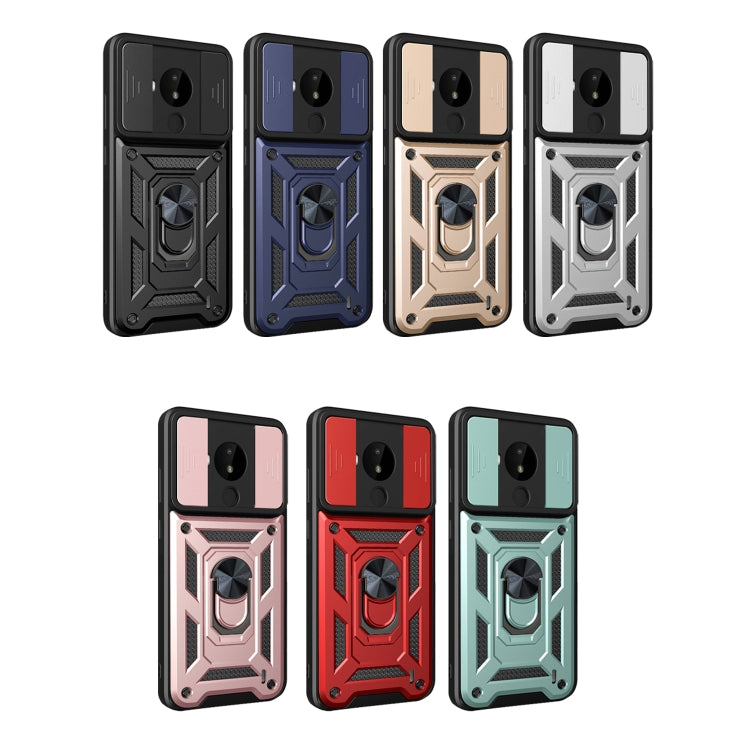 Rugged TPU/PC phone cases with sliding camera cover and metal ring kickstand, assorted colors