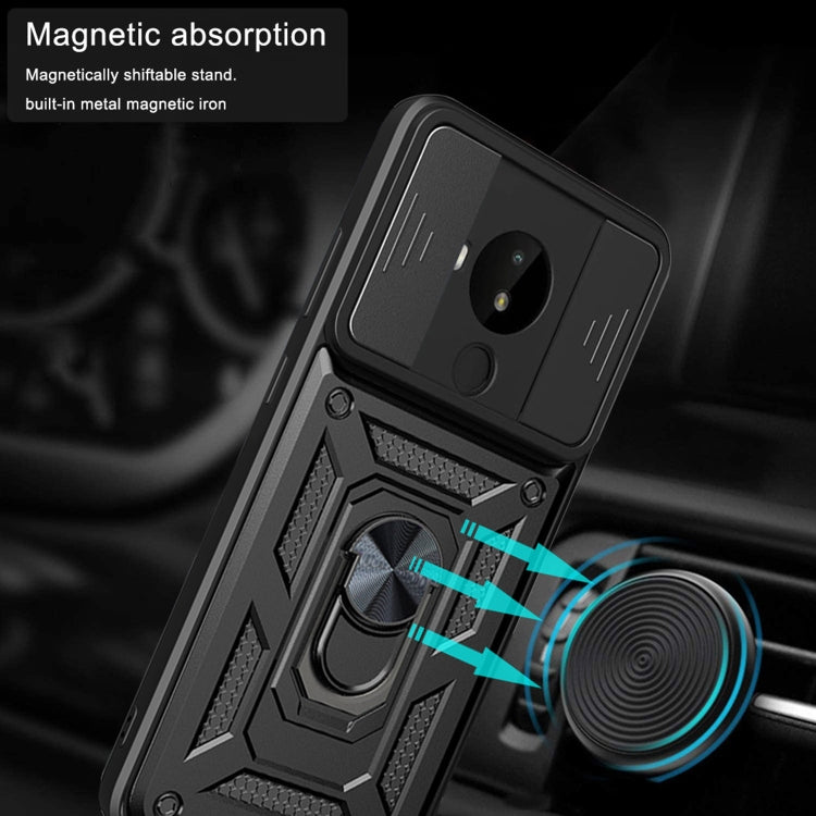 Rugged black TPU/PC phone case with sliding camera cover and metal ring kickstand