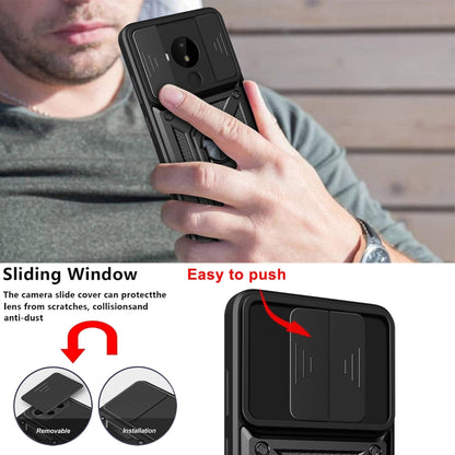 Rugged black TPU/PC phone case with sliding camera cover window and kickstand