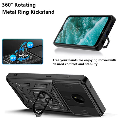 Rugged TPU/PC phone case with sliding camera cover and 360° metal ring kickstand, teal/black