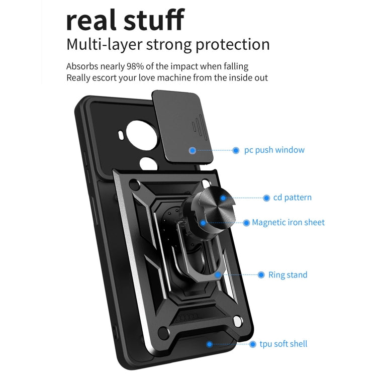 Rugged TPU/PC phone case with sliding camera cover and metal ring stand, black