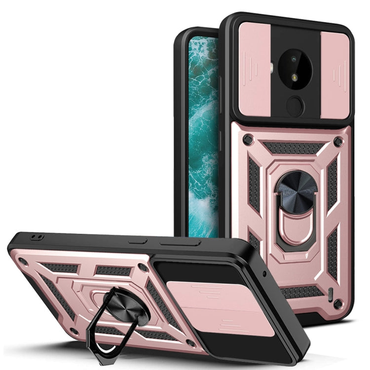 Rugged TPU/PC phone case with sliding camera cover and metal ring kickstand, pink/black