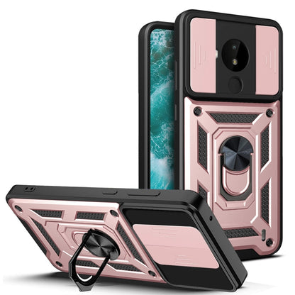 Rugged TPU/PC phone case with sliding camera cover and metal ring kickstand, pink/black