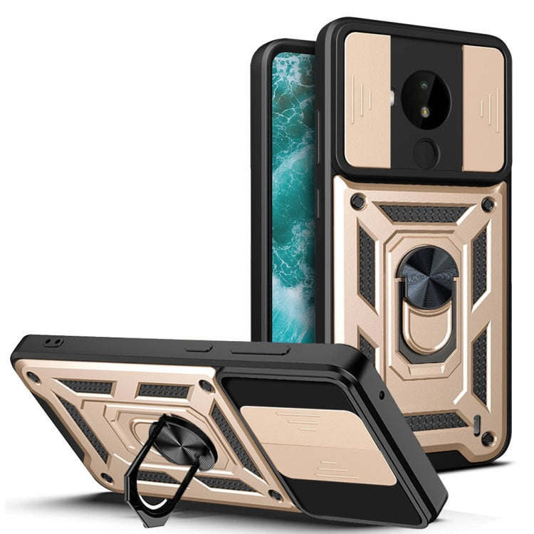 Rugged TPU/PC phone case with sliding camera cover and metal ring kickstand, gold/black
