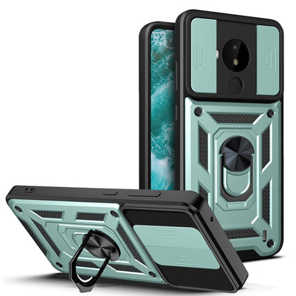 Rugged TPU/PC phone case with sliding camera cover and metal ring kickstand, green/black