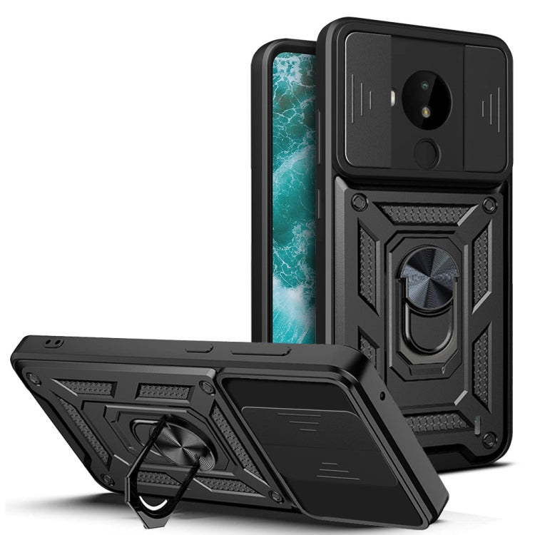 TPU+PC phone case with sliding camera cover, black armor design