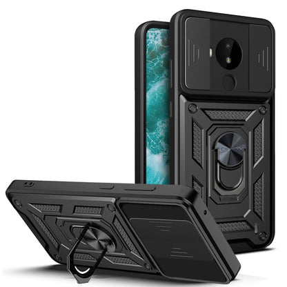 TPU+PC phone case with sliding camera cover, black armor design