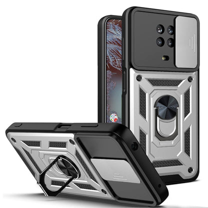 TPU+PC phone case with sliding camera cover, silver armor design