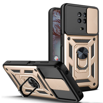 TPU+PC phone case with sliding camera cover, gold armor design
