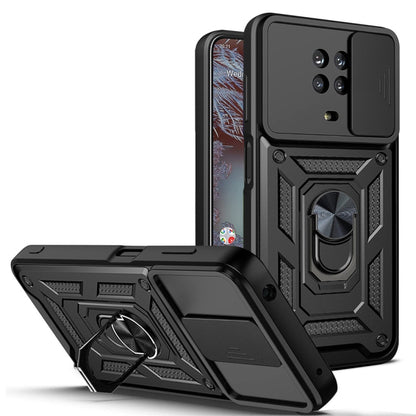 TPU+PC phone case with sliding camera cover, black armor design with stand