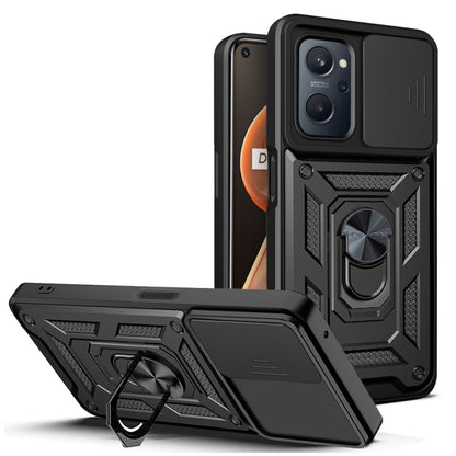 TPU+PC phone case with sliding camera cover, black armor design with stand