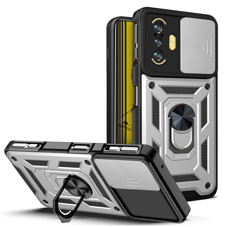 Rugged black phone case with sliding camera cover and built-in ring stand