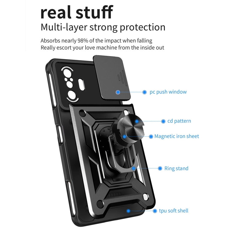 Rugged black phone case with sliding camera cover, ring stand, and reinforced design