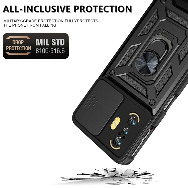 Black rugged phone case with sliding camera cover and textured bumper protection
