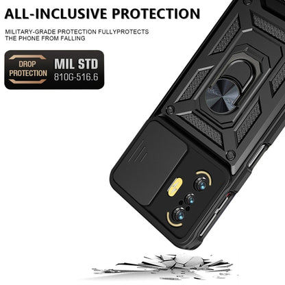Black rugged phone case with sliding camera cover and textured bumper protection