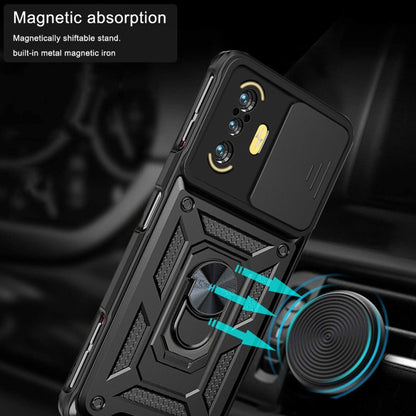 Black rugged phone case with sliding camera cover and magnetic ring stand
