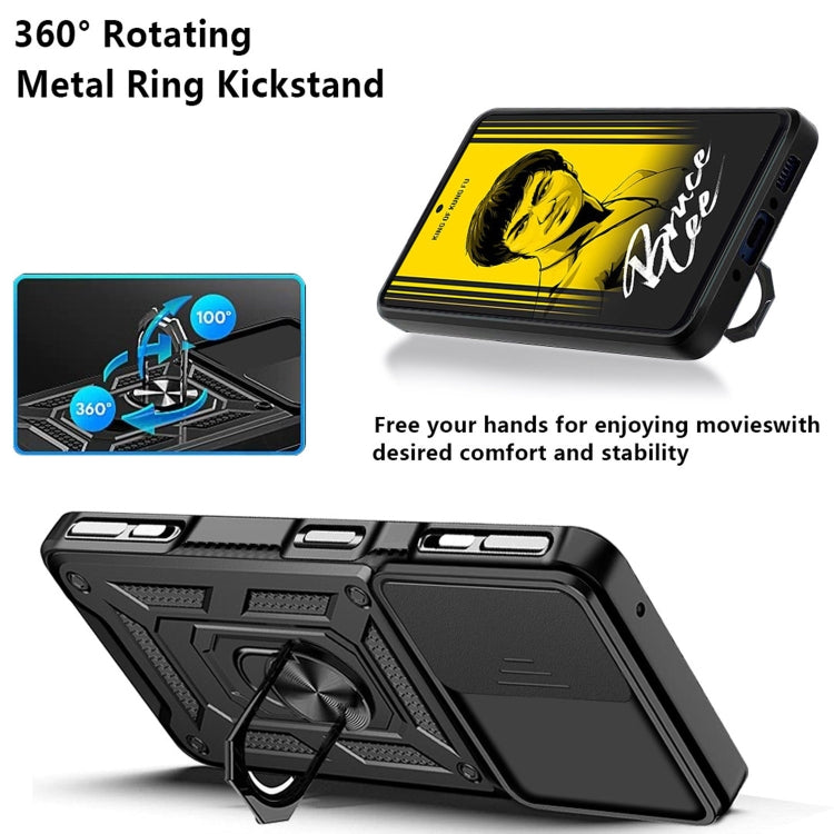 Rugged phone case with 360° rotating metal ring kickstand and sliding camera cover