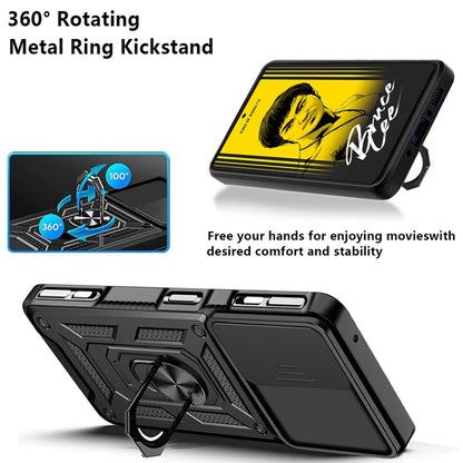 Rugged phone case with 360° rotating metal ring kickstand and sliding camera cover