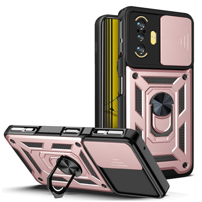 Rugged black and rose phone case with sliding camera cover and ring stand