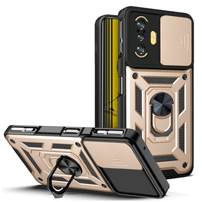 Rugged black and silver phone case with sliding camera cover and ring stand
