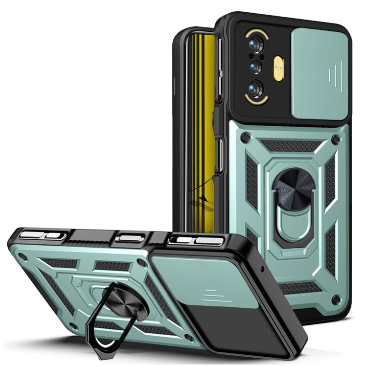 Rugged teal and black phone case with sliding camera cover and ring stand