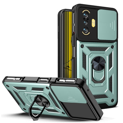 Rugged teal and black phone case with sliding camera cover and ring stand