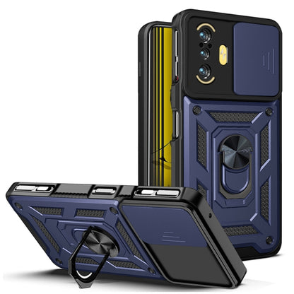 Rugged phone case with sliding camera cover, dark blue and black with kickstand