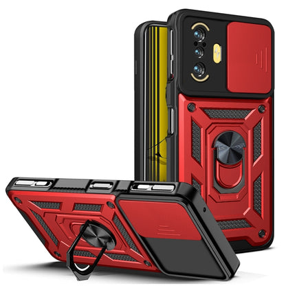 Rugged phone case with sliding camera cover, red and black with kickstand