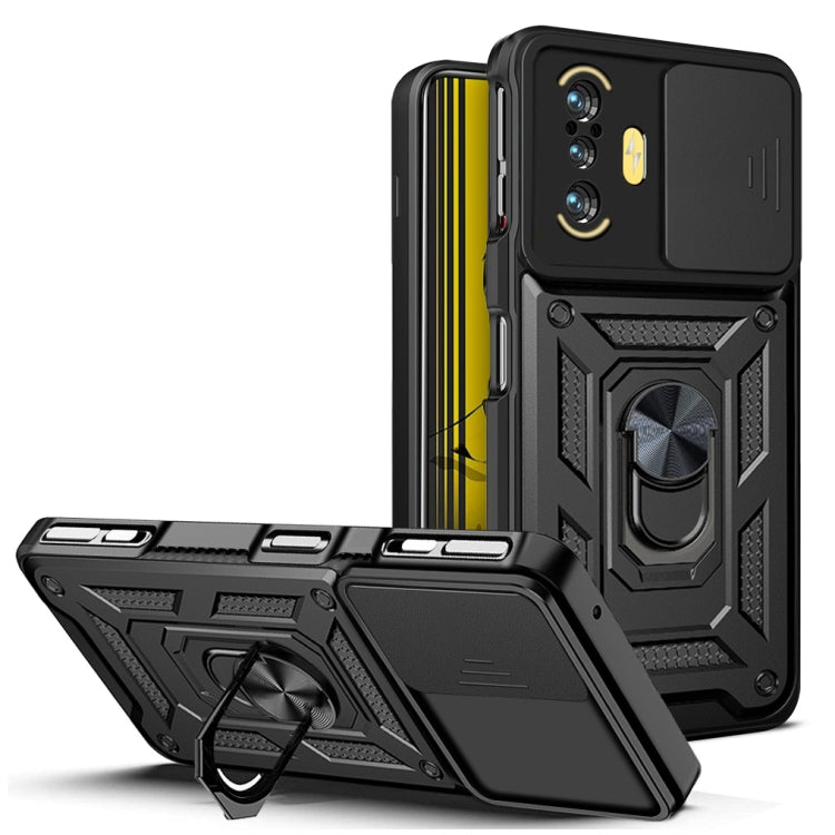 Rugged phone case with sliding camera cover, black and dark gray with kickstand