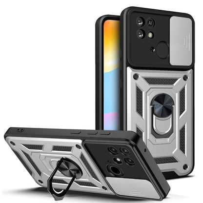 Rugged phone case with sliding camera cover, silver and black with kickstand