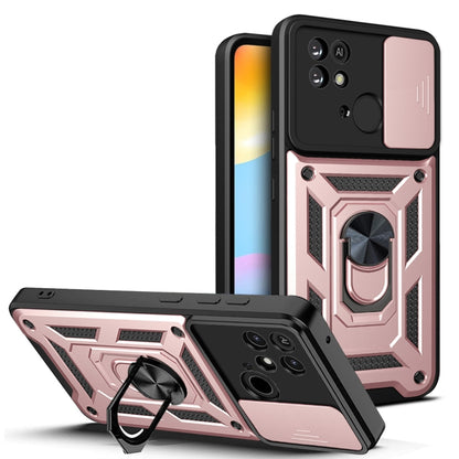 Rugged phone case with sliding camera cover, rose gold and black with kickstand