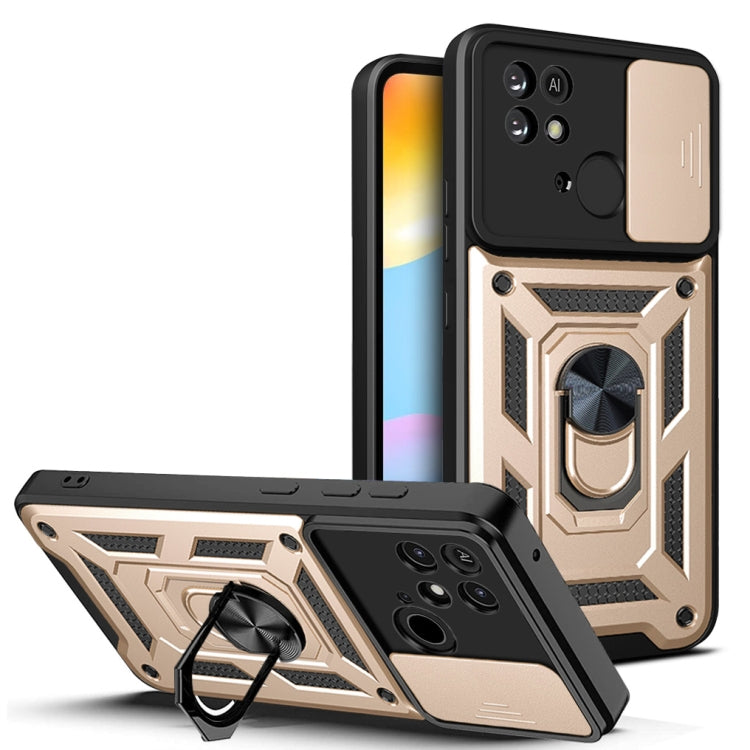 Rugged phone case with sliding camera cover, gold and black with kickstand
