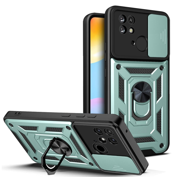 Rugged phone case with sliding camera cover, green and black with kickstand
