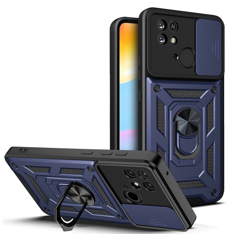 Rugged phone case with sliding camera cover, navy blue and black with kickstand