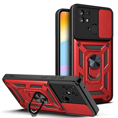 Rugged phone case with sliding camera cover, red and black with kickstand