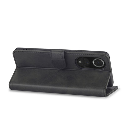 Black leather flip phone case with cover strap and camera cutout
