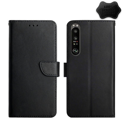 Black genuine leather flip phone case with folio cover and camera cutout