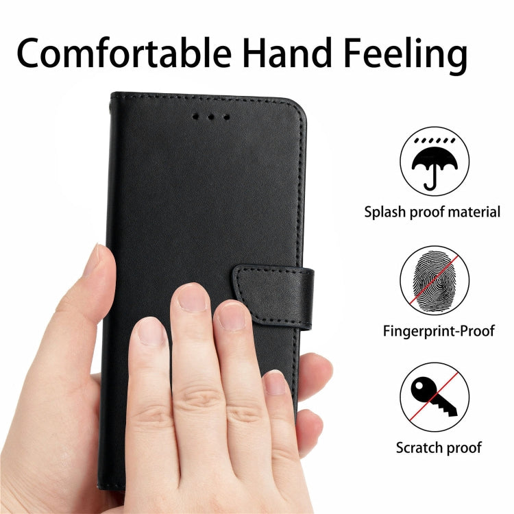 Black leather flip phone case held in hand, fingerprint-proof and scratch-resistant design