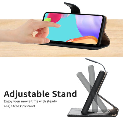 Black leather flip phone case with adjustable stand for angled viewing