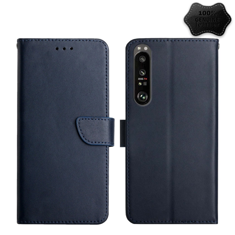 Blue genuine leather flip phone case with folio cover and camera cutout