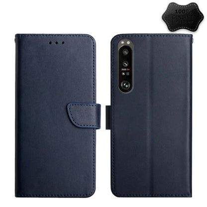 Blue genuine leather flip phone case with folio cover and camera cutout