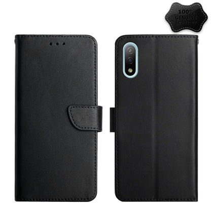 Genuine leather flip phone case, black, with rear camera cutout and side openings