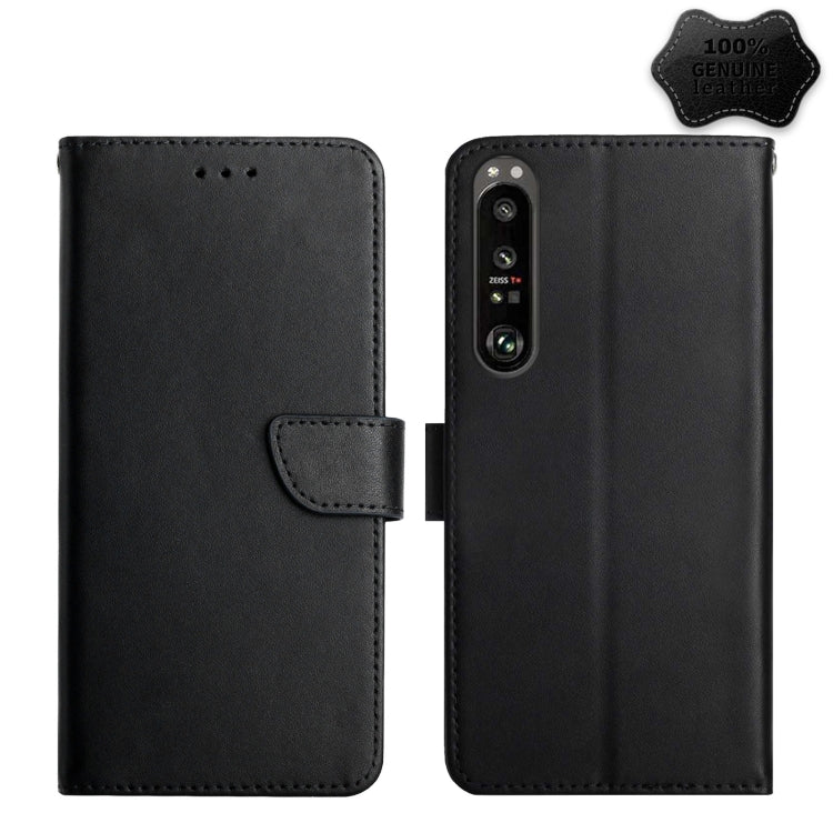 Genuine leather flip phone case, black, front flap with button holes and camera cutout