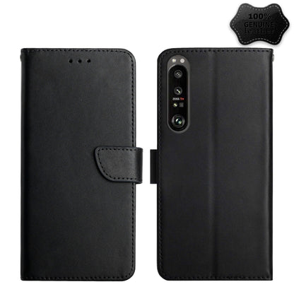 Genuine leather flip phone case, black, front flap with button holes and camera cutout