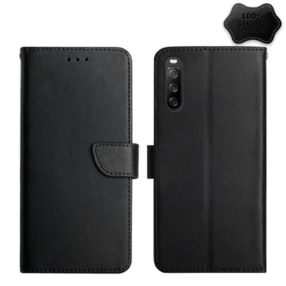 Genuine leather flip phone case, black, textured finish with card slot on front flap