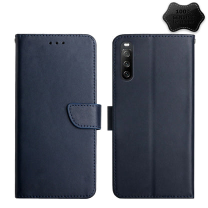 Genuine leather flip phone case, blue, textured finish with card slot on front flap