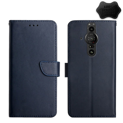Genuine leather flip phone case, blue, with camera lens cutout and protective back