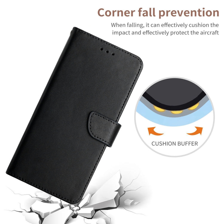 Black leather flip phone case with fold-over front cover and stitched strap