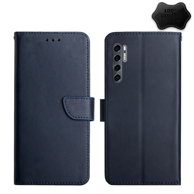 Blue leather flip phone case with front cover and side strap, camera cutout